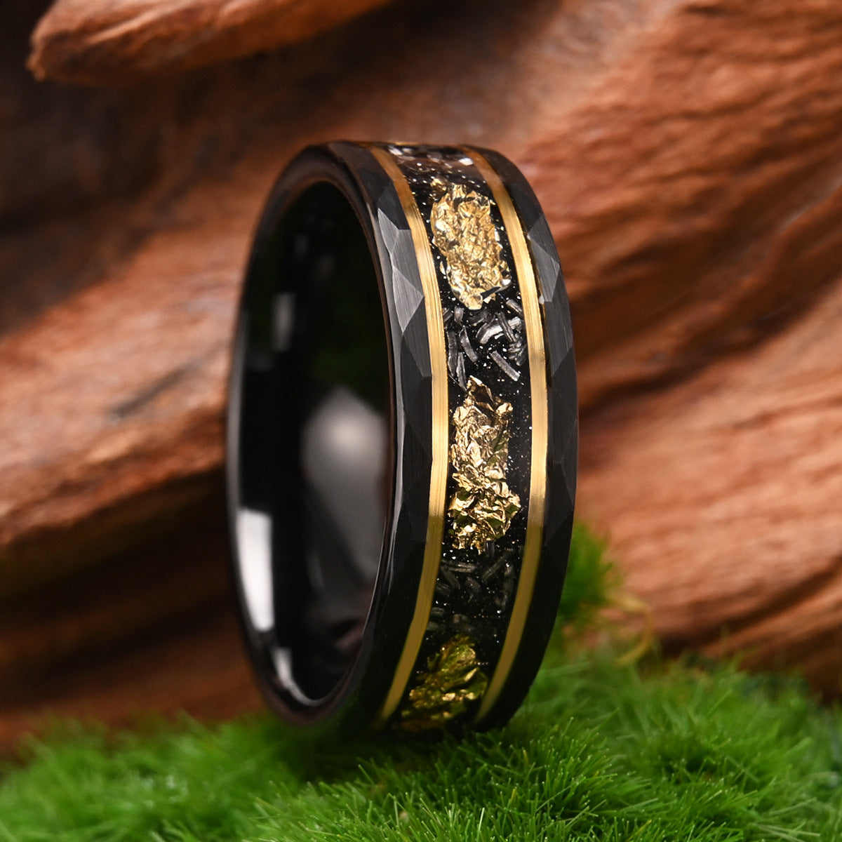 8mm tungsten gold men's wedding band Flat hammered black ring inlaid with meteorite and gold platinum - PENFINE