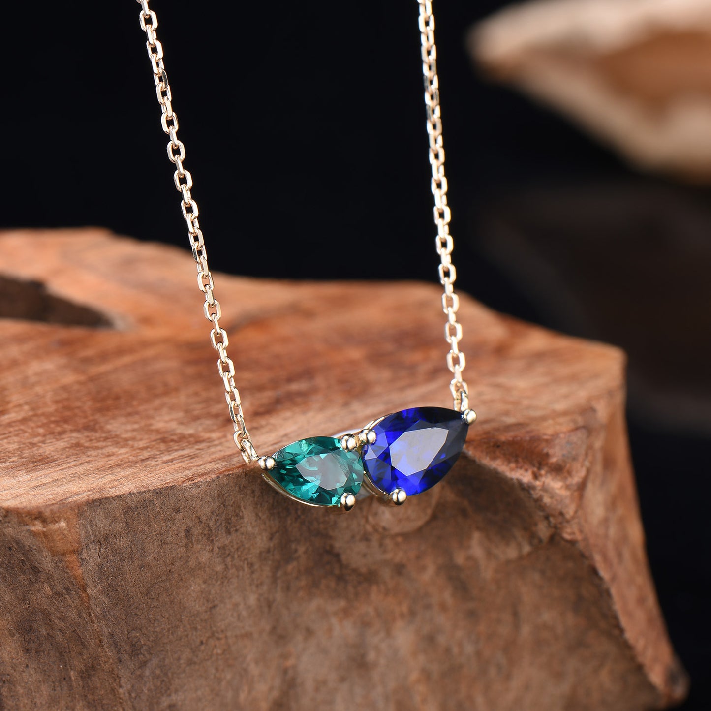 Teardrop Cut Sapphire Emerald Necklace Delicate Yellow Gold Toi et Moi Wedding Pendant September May Birthstone Necklace Anniversary Gifts