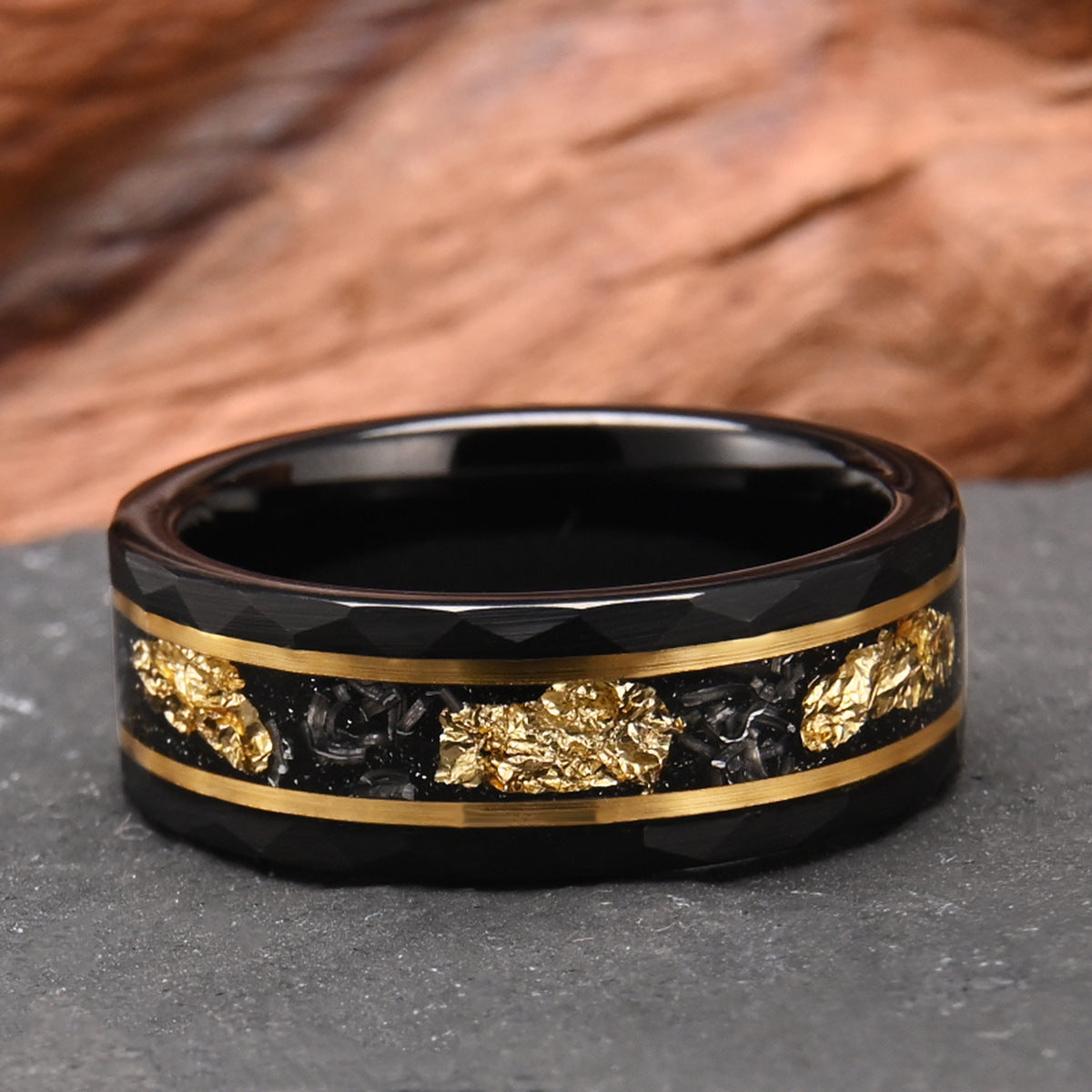 8mm tungsten gold men's wedding band Flat hammered black ring inlaid with meteorite and gold platinum - PENFINE