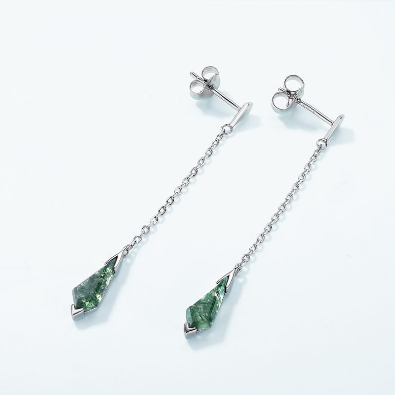 Kite Cut Moss Agate Long Drop Earrings - 4x12mm Natural Mossy Green Stone Dangles