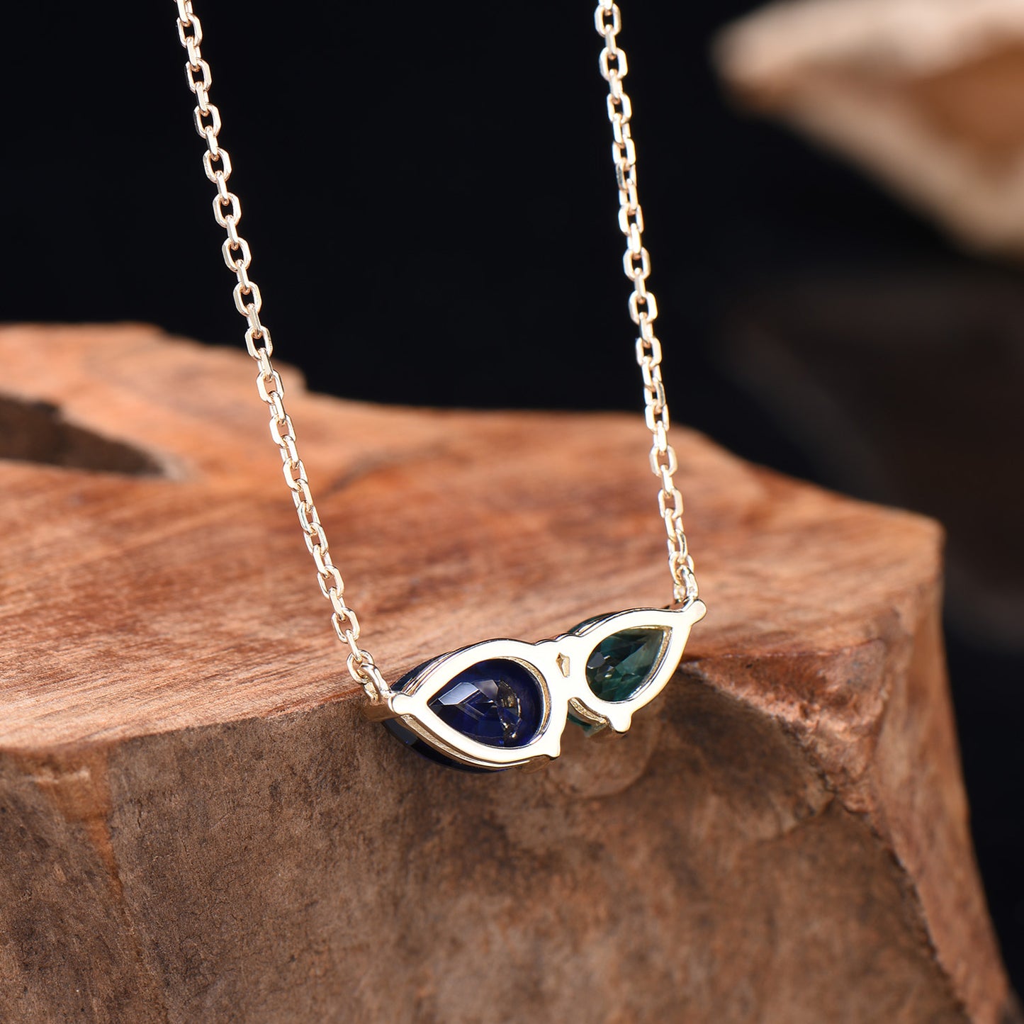 Teardrop Cut Sapphire Emerald Necklace Delicate Yellow Gold Toi et Moi Wedding Pendant September May Birthstone Necklace Anniversary Gifts