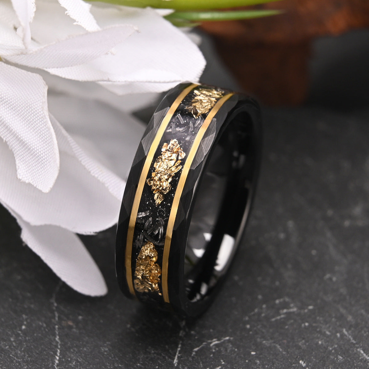 8mm tungsten gold men's wedding band Flat hammered black ring inlaid with meteorite and gold platinum - PENFINE