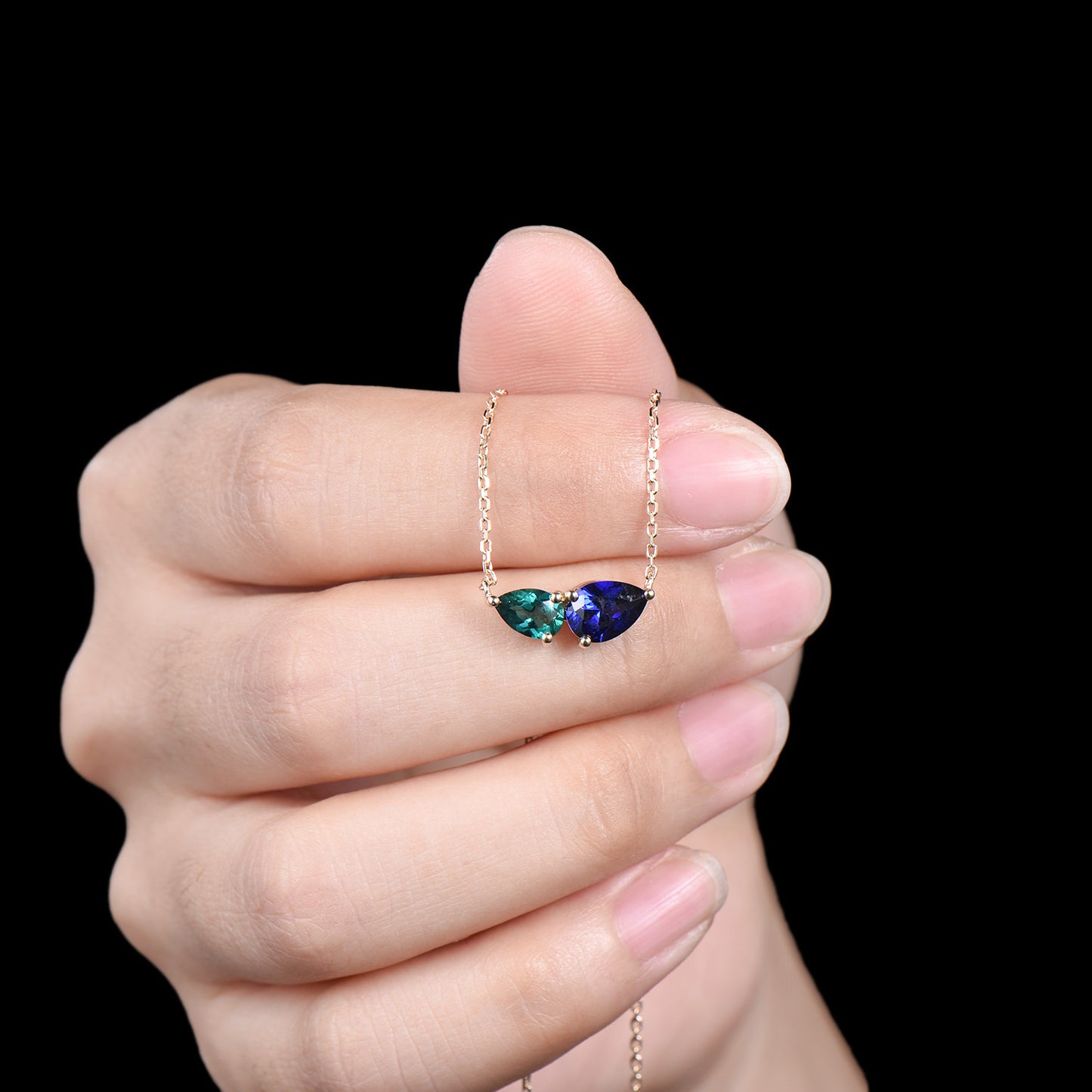 Teardrop Cut Sapphire Emerald Necklace Delicate Yellow Gold Toi et Moi Wedding Pendant September May Birthstone Necklace Anniversary Gifts