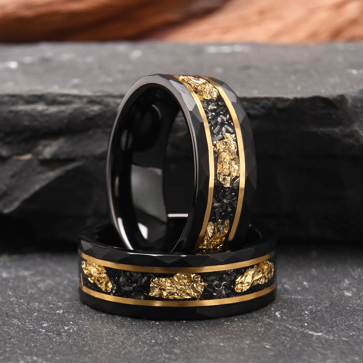 8mm tungsten gold men's wedding band Flat hammered black ring inlaid with meteorite and gold platinum - PENFINE