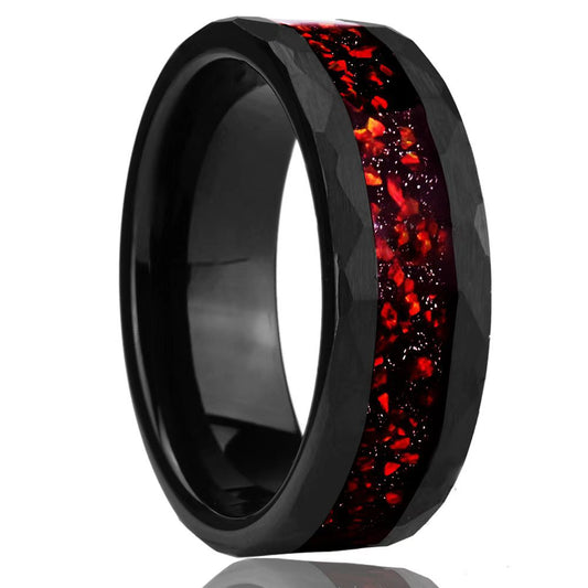 8mm Black Tungsten Ring for Men, Hand Hammered Finish with Red Opal Inlay
