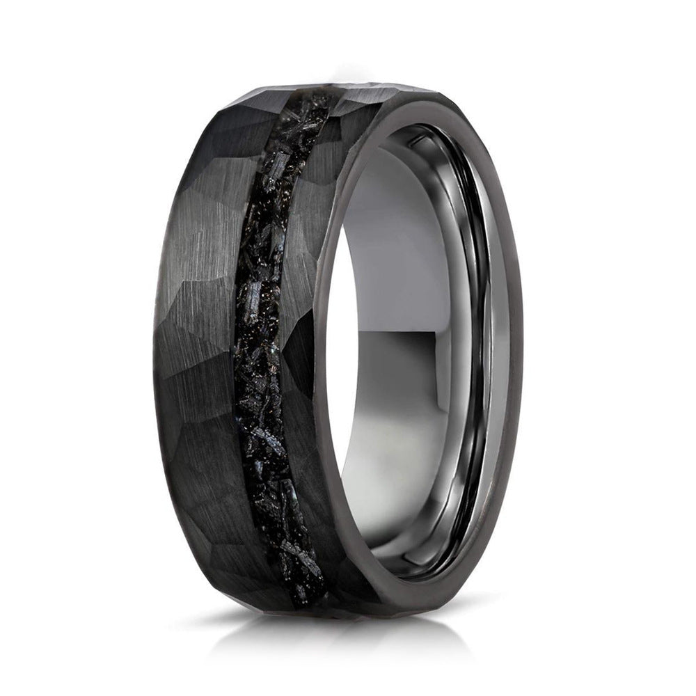 8mm tungsten gold men's wedding band steel hammered black ring inlaid with broken meteorite - PENFINE