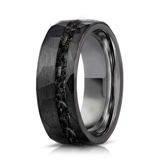 8mm tungsten gold men's wedding band steel hammered black ring inlaid with broken meteorite - PENFINE
