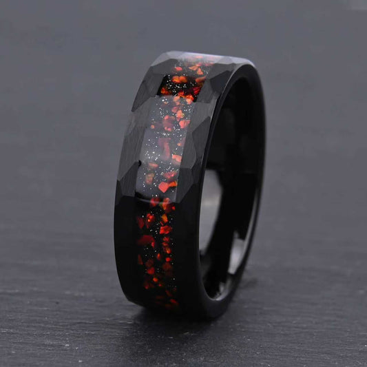 8mm Black Tungsten Ring for Men, Hand Hammered Finish with Red Opal Inlay