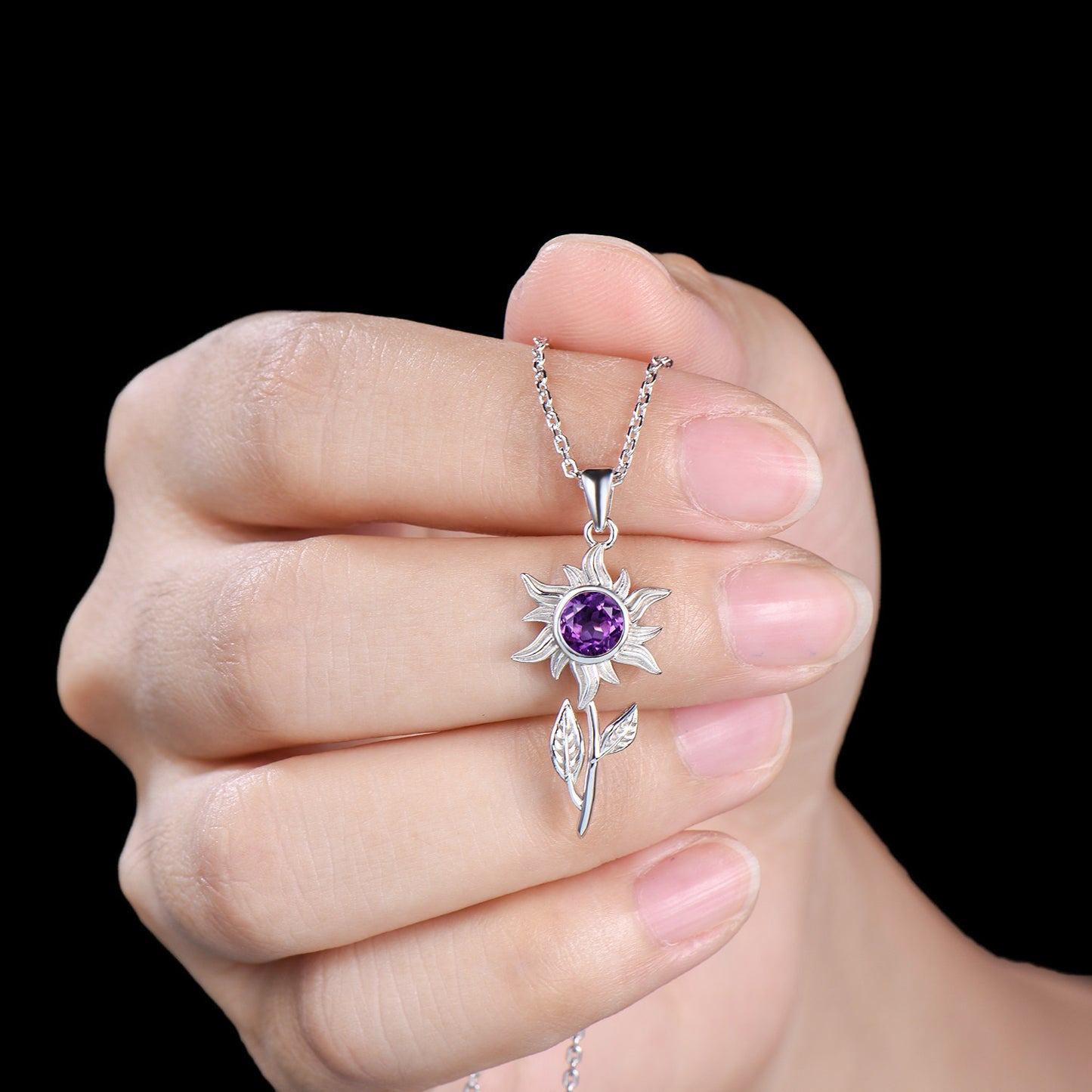 Unique Natural Amethyst Necklace Solitaire leaf Sunflower Pendant Nature Inspired Wedding Necklace Jan Birthstone Anniversary Promise Gifts