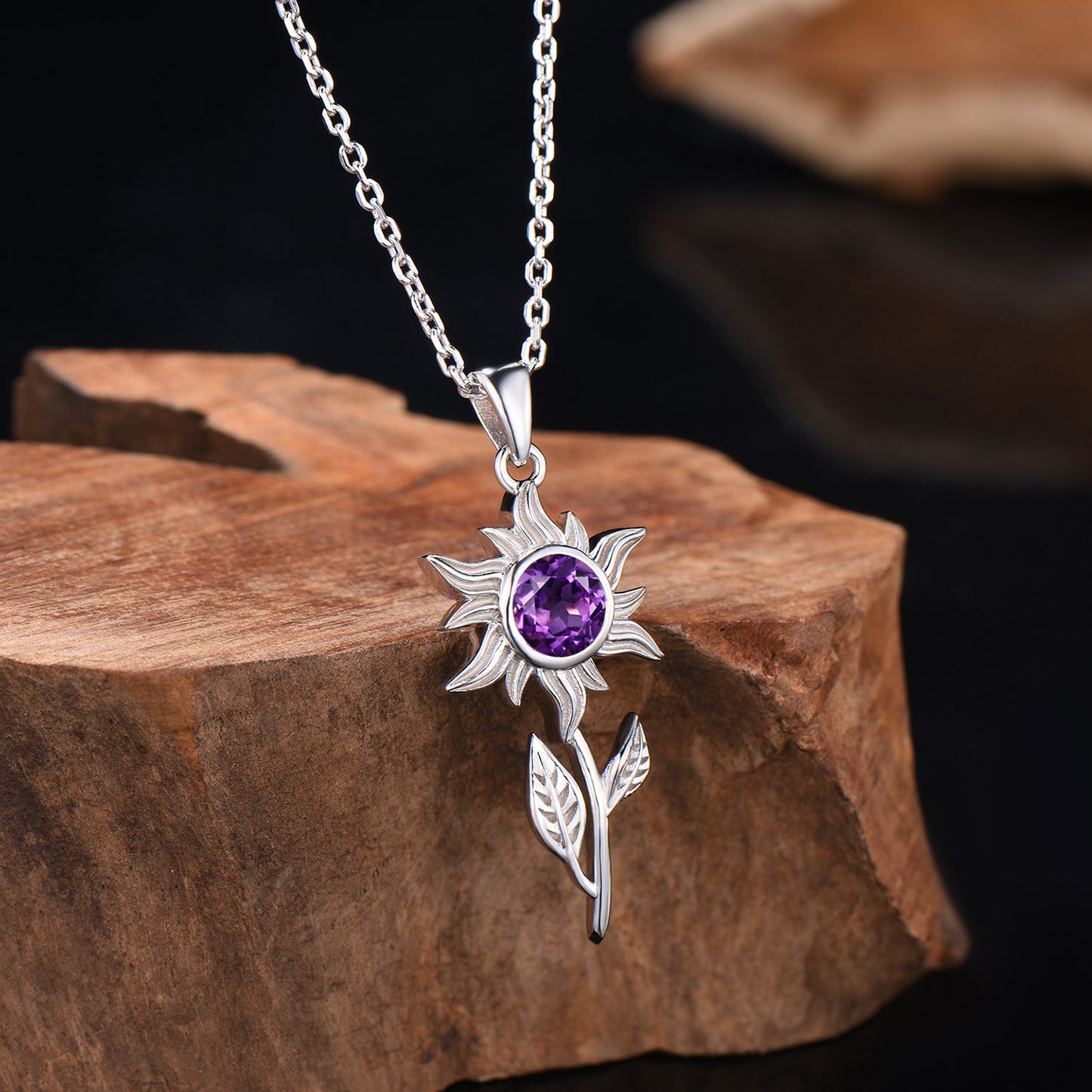 Unique Natural Amethyst Necklace Solitaire leaf Sunflower Pendant Nature Inspired Wedding Necklace Jan Birthstone Anniversary Promise Gifts