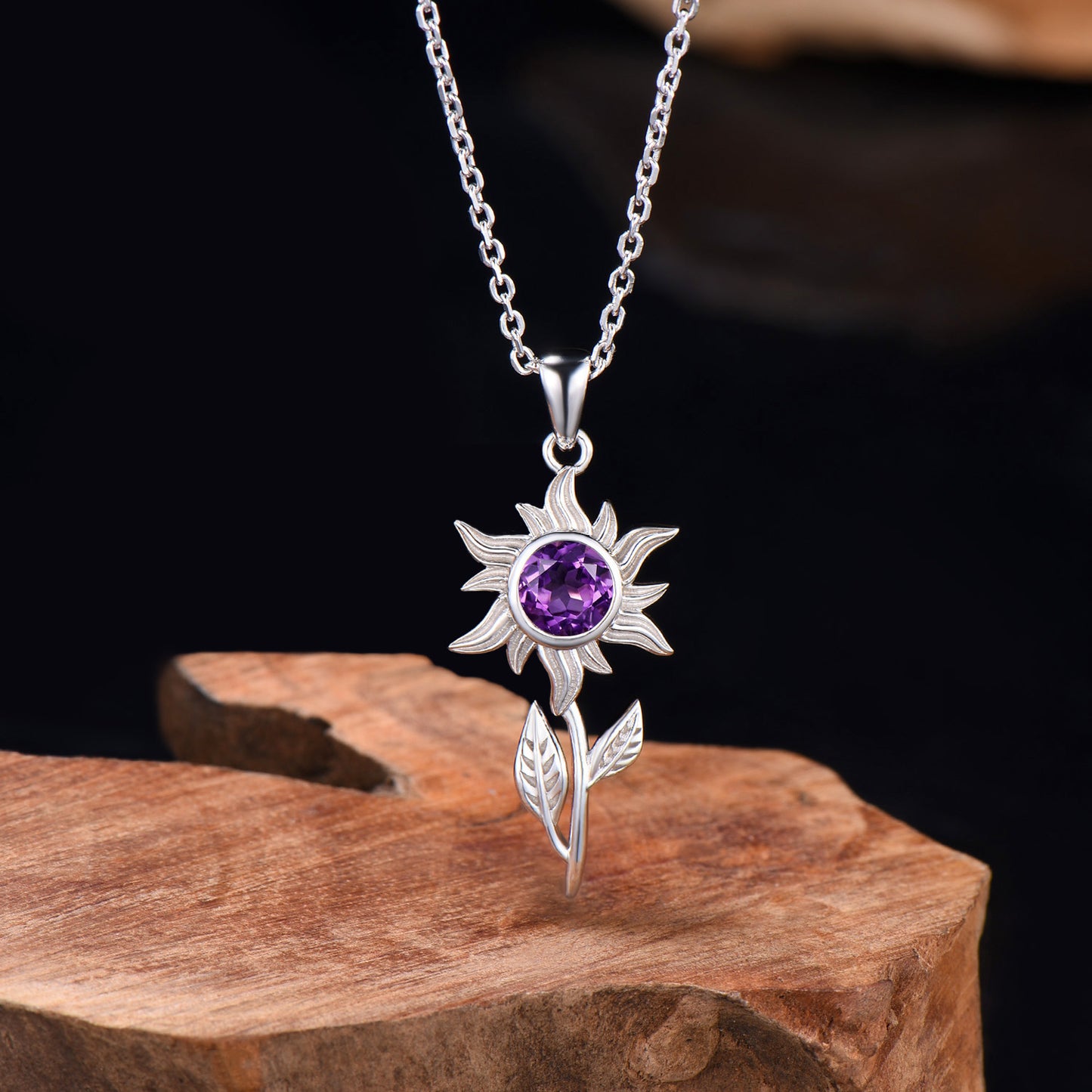 Unique Natural Amethyst Necklace Solitaire leaf Sunflower Pendant Nature Inspired Wedding Necklace Jan Birthstone Anniversary Promise Gifts