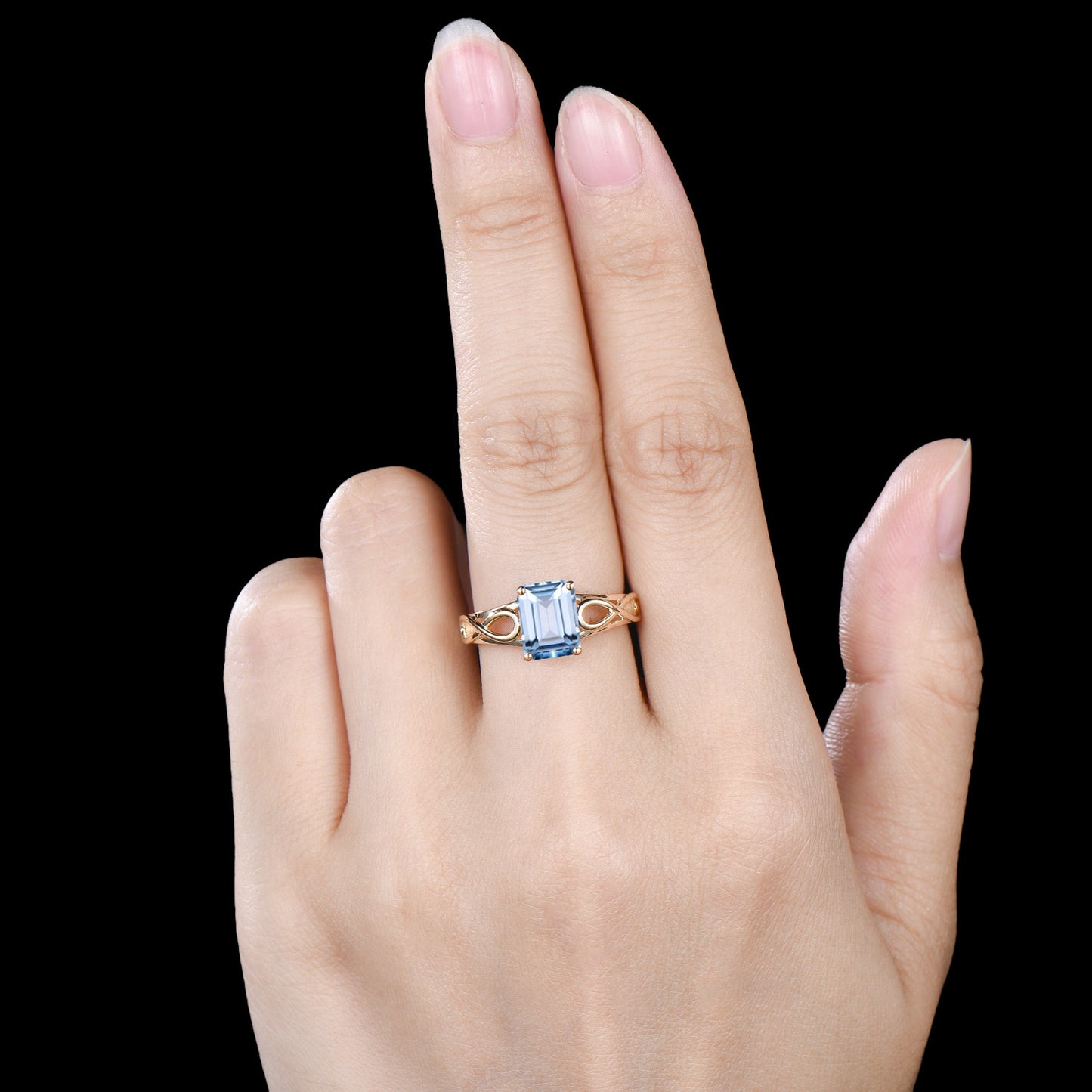 Delicate Emerald Cut Natural Aquamarine Wedding Ring Yellow Gold Infinite Love Engagement Ring Solitarie Band Anniversary Gifts For Women