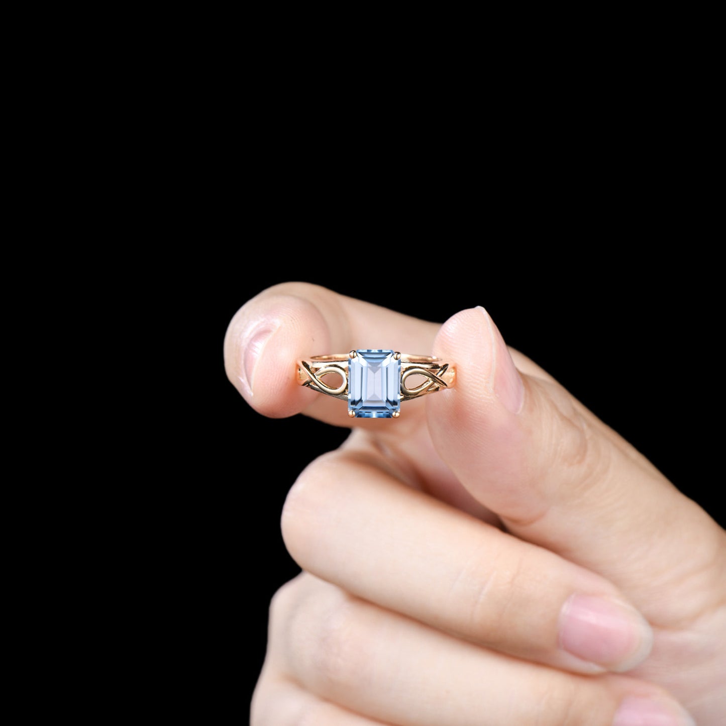 Delicate Emerald Cut Natural Aquamarine Wedding Ring Yellow Gold Infinite Love Engagement Ring Solitarie Band Anniversary Gifts For Women