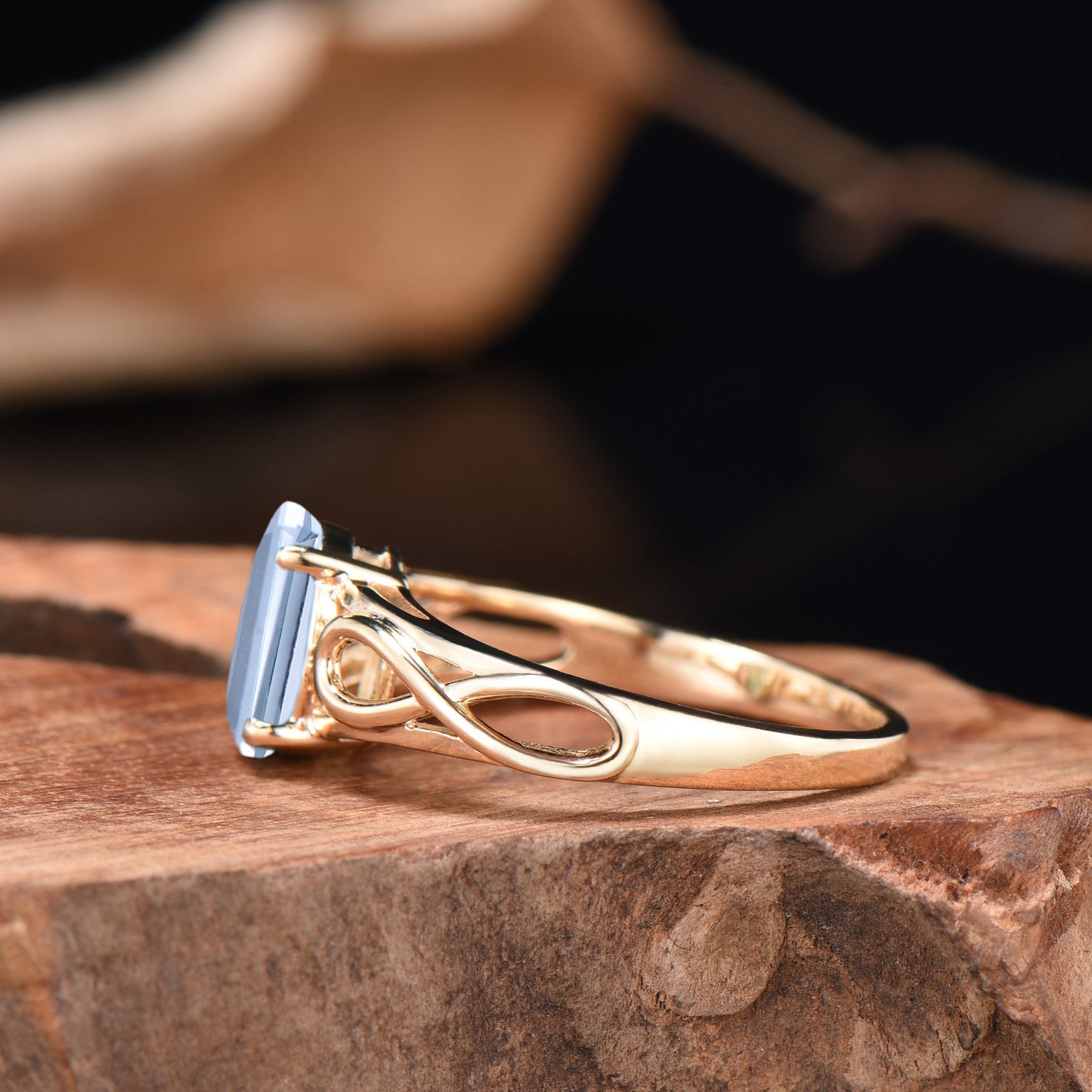 Delicate Emerald Cut Natural Aquamarine Wedding Ring Yellow Gold Infinite Love Engagement Ring Solitarie Band Anniversary Gifts For Women