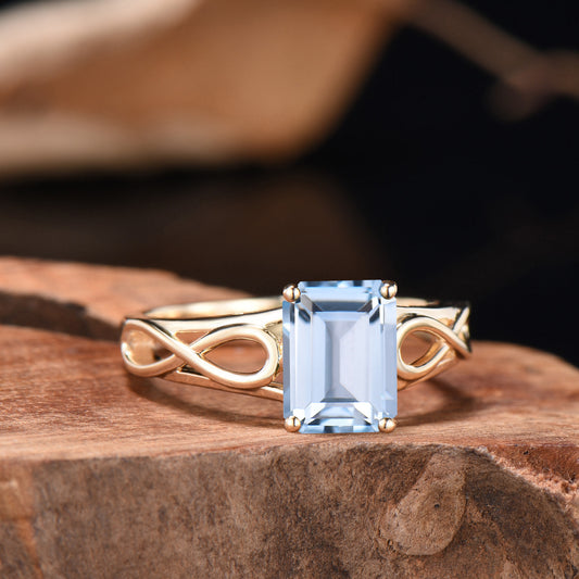Delicate Emerald Cut Natural Aquamarine Wedding Ring Yellow Gold Infinite Love Engagement Ring Solitarie Band Anniversary Gifts For Women