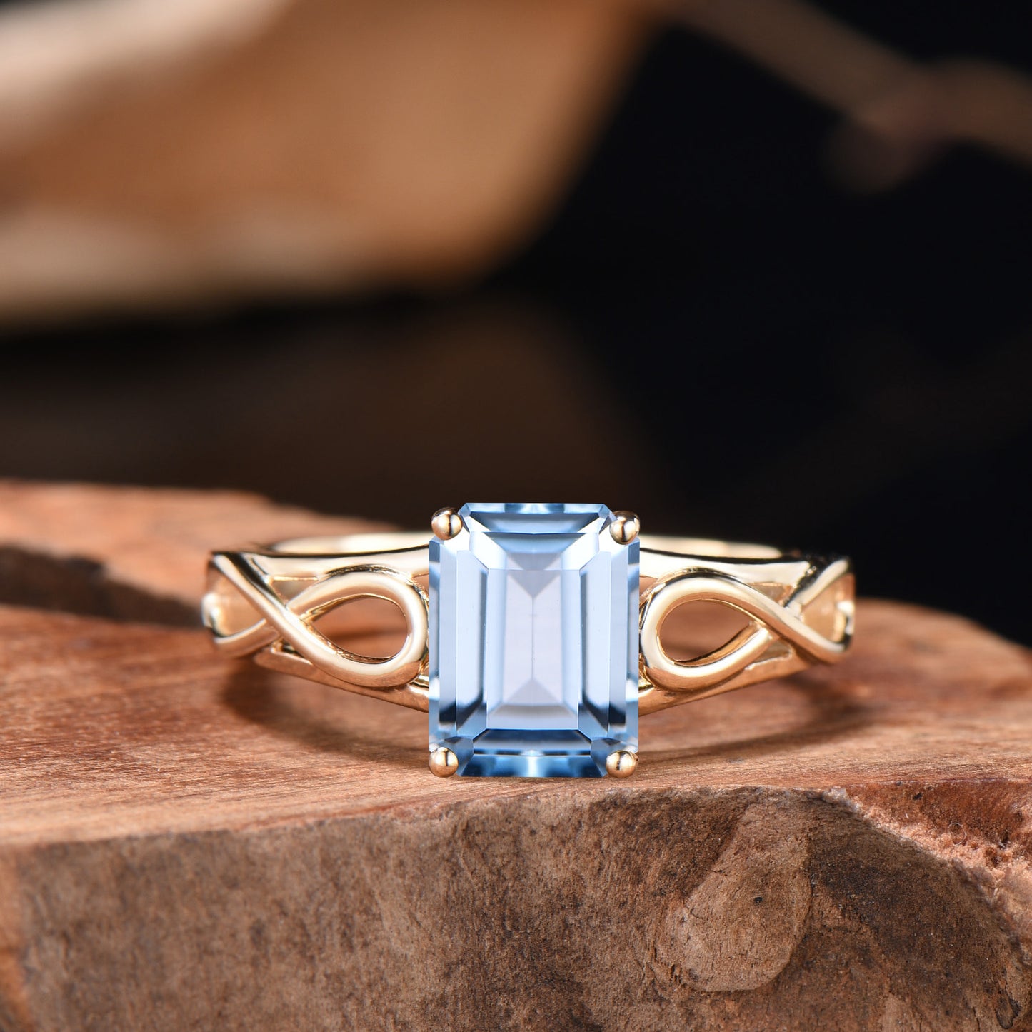 Delicate Emerald Cut Natural Aquamarine Wedding Ring Yellow Gold Infinite Love Engagement Ring Solitarie Band Anniversary Gifts For Women