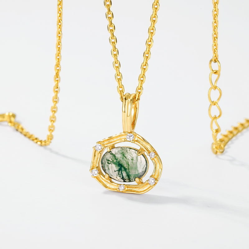 The Enchanted Nest | Oval Moss Agate Necklace with Halo Accents