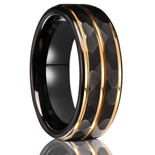 Men's 8mm Hammered Tungsten Carbide Ring | Two-Tone Step Design