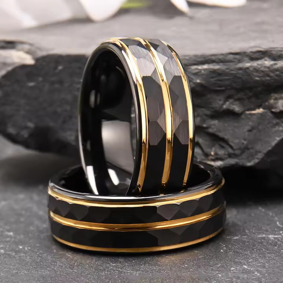 Men's 8mm Hammered Tungsten Carbide Ring | Two-Tone Step Design