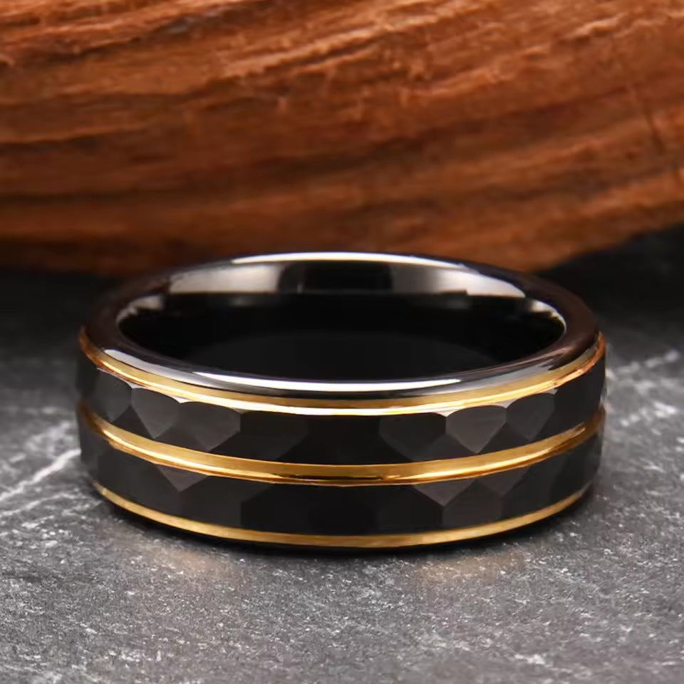 Men's 8mm Hammered Tungsten Carbide Ring | Two-Tone Step Design