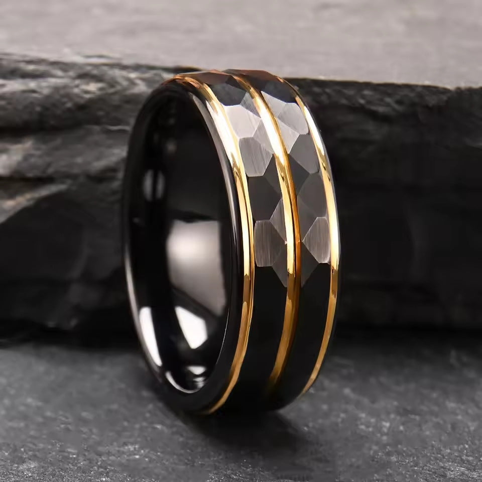 Men's 8mm Hammered Tungsten Carbide Ring | Two-Tone Step Design