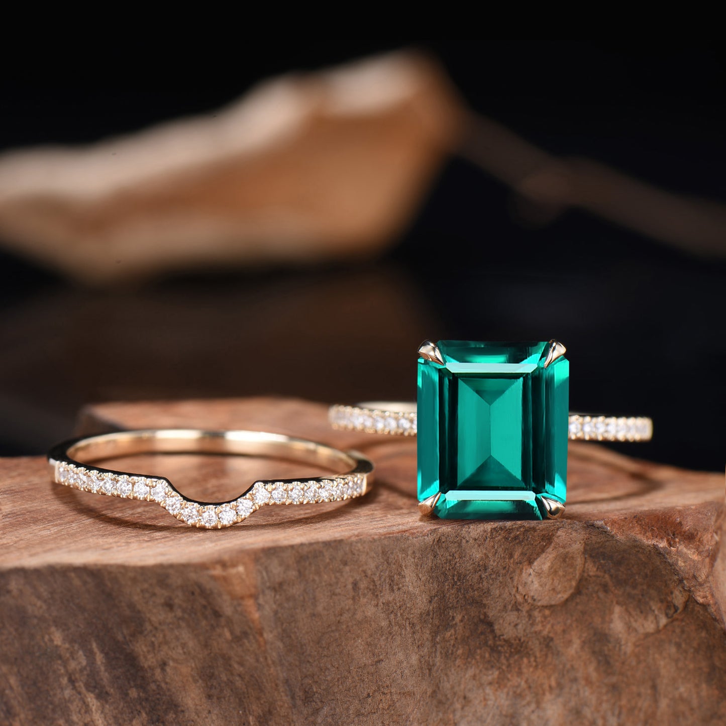 Big Emerald Cut Emerald Engagement Ring Diamond Half Eternity Ring Diamond Stacking Wedding Band Rose Gold Ring Bridal Set Anniversary Gifts