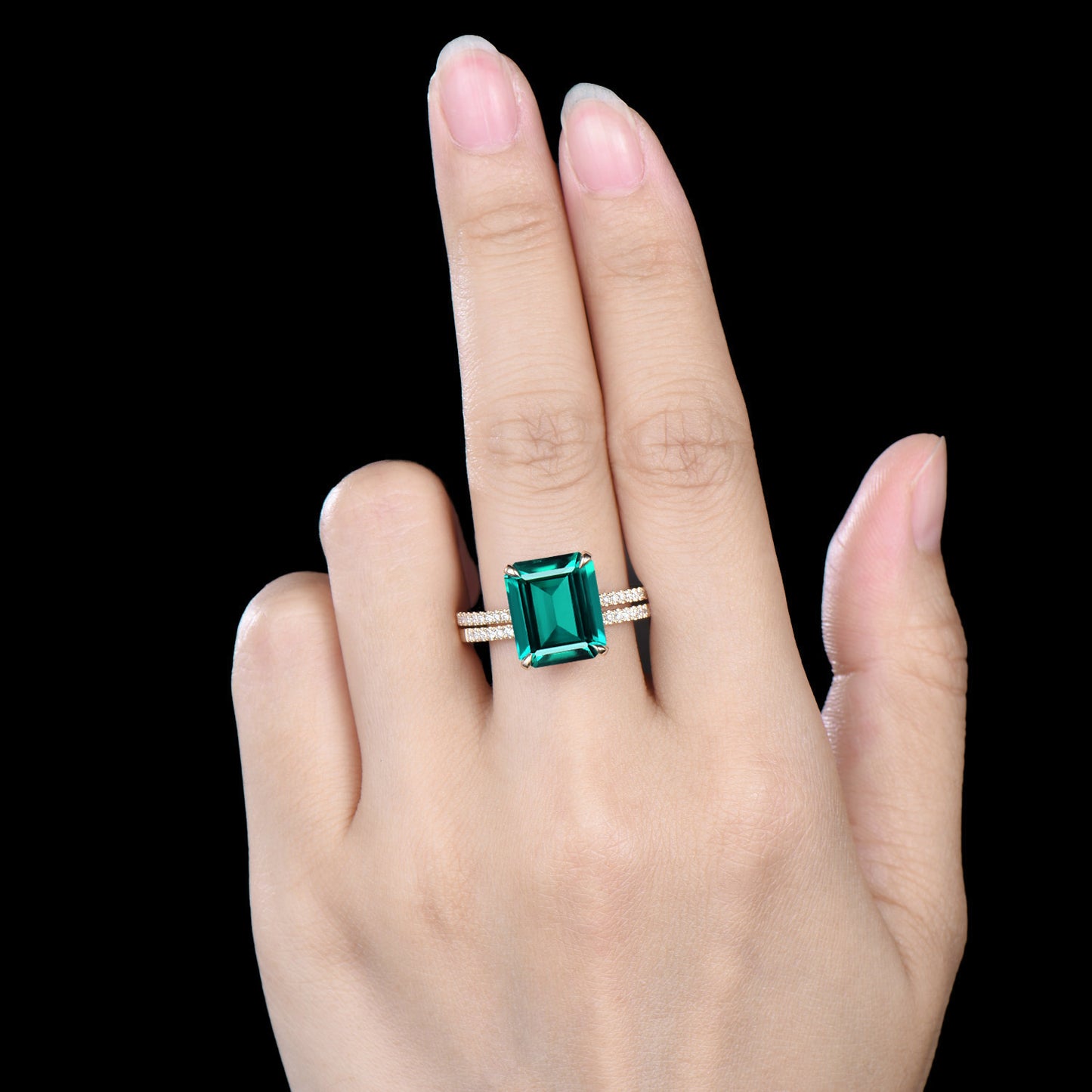 Big Emerald Cut Emerald Engagement Ring Diamond Half Eternity Ring Diamond Stacking Wedding Band Rose Gold Ring Bridal Set Anniversary Gifts