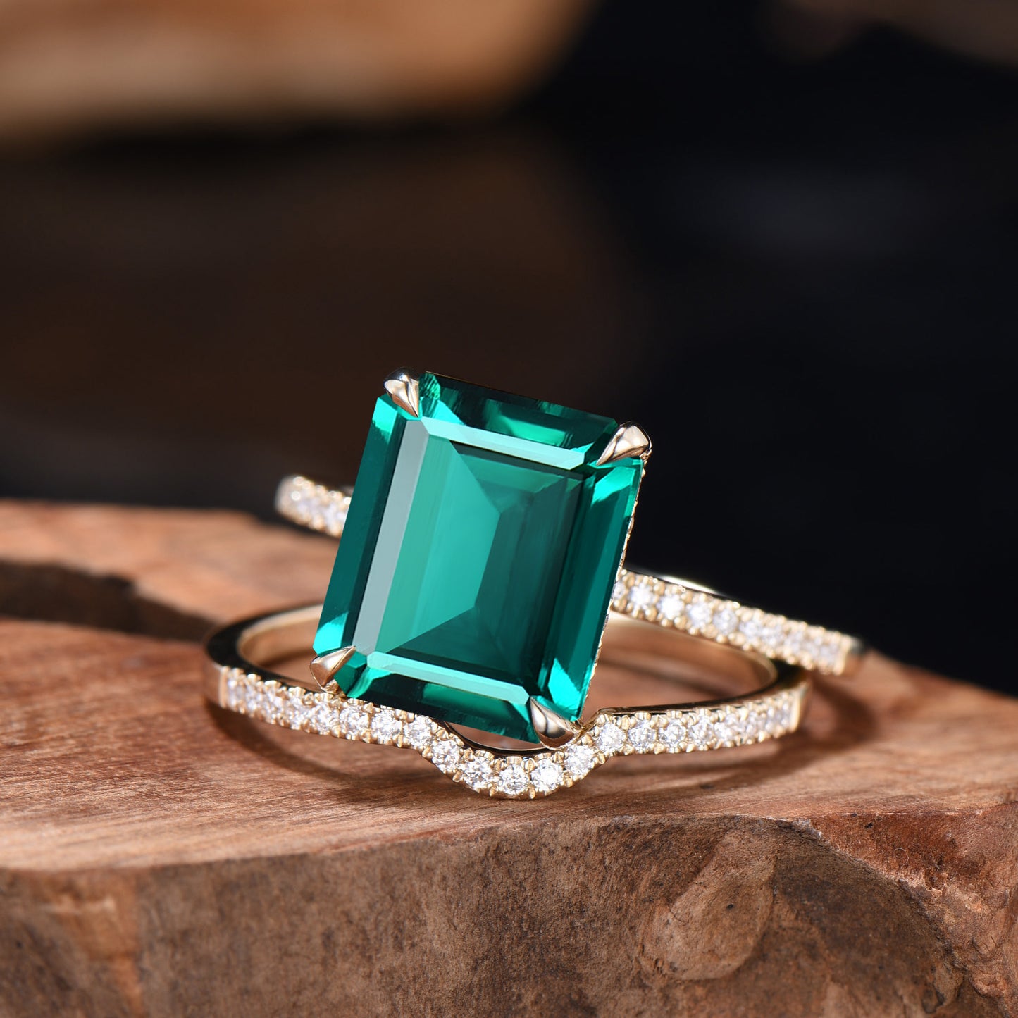 Big Emerald Cut Emerald Engagement Ring Diamond Half Eternity Ring Diamond Stacking Wedding Band Rose Gold Ring Bridal Set Anniversary Gifts