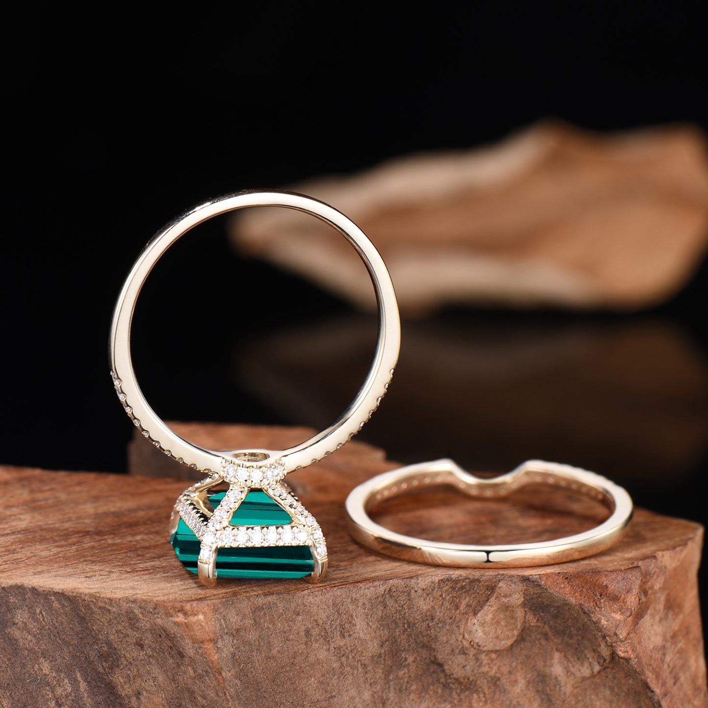 Big Emerald Cut Emerald Engagement Ring Diamond Half Eternity Ring Diamond Stacking Wedding Band Rose Gold Ring Bridal Set Anniversary Gifts