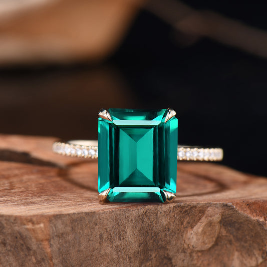 Big Emerald Cut Emerald Engagement Ring Diamond Half Eternity Ring Diamond Stacking Wedding Band Rose Gold Ring Bridal Set Anniversary Gifts