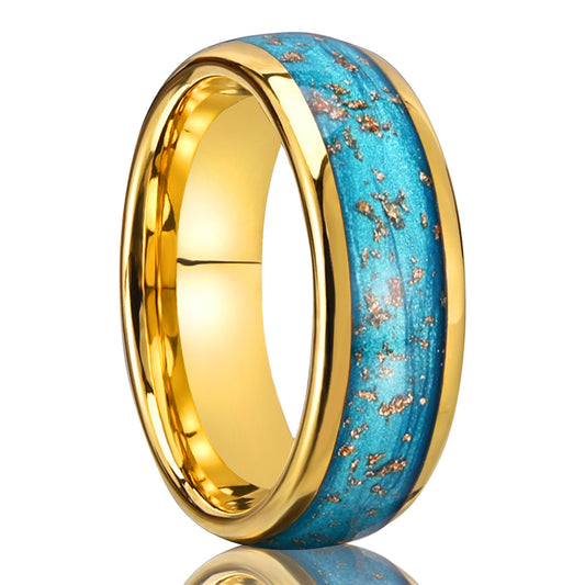 Cosmic 8mm Gold Tungsten Ring, Blue Nebula & Gold Flakes Inlay