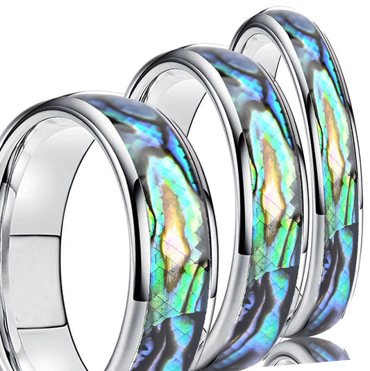 Beach Style Tungsten Couple Ring Set,White Shell Inlay, Mirror Finish Dome Bands, His and Hers Engagement Gift
