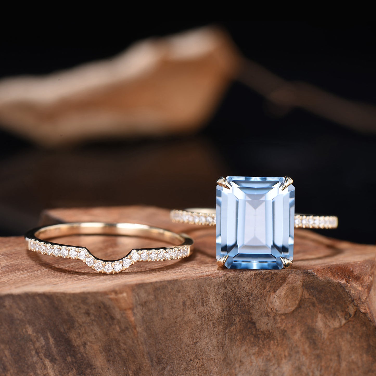 Half Eternity Ring Bridal Set 6CT Emerald Cut Natural Aquamarine Engagement Ring Diamond Stacking Wedding Band Anniversary Gifts For Women