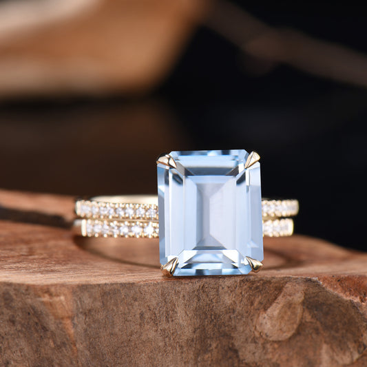 Half Eternity Ring Bridal Set 6CT Emerald Cut Natural Aquamarine Engagement Ring Diamond Stacking Wedding Band Anniversary Gifts For Women