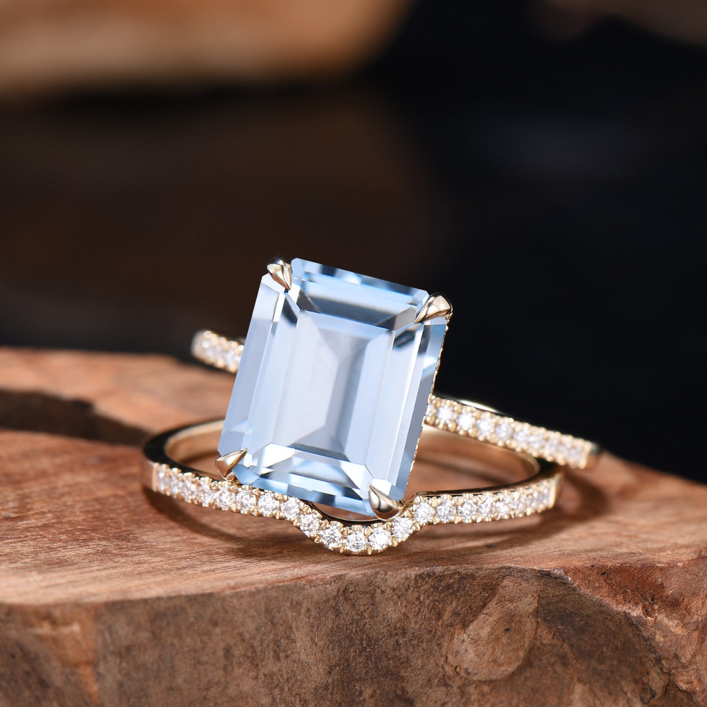 Half Eternity Ring Bridal Set 6CT Emerald Cut Natural Aquamarine Engagement Ring Diamond Stacking Wedding Band Anniversary Gifts For Women