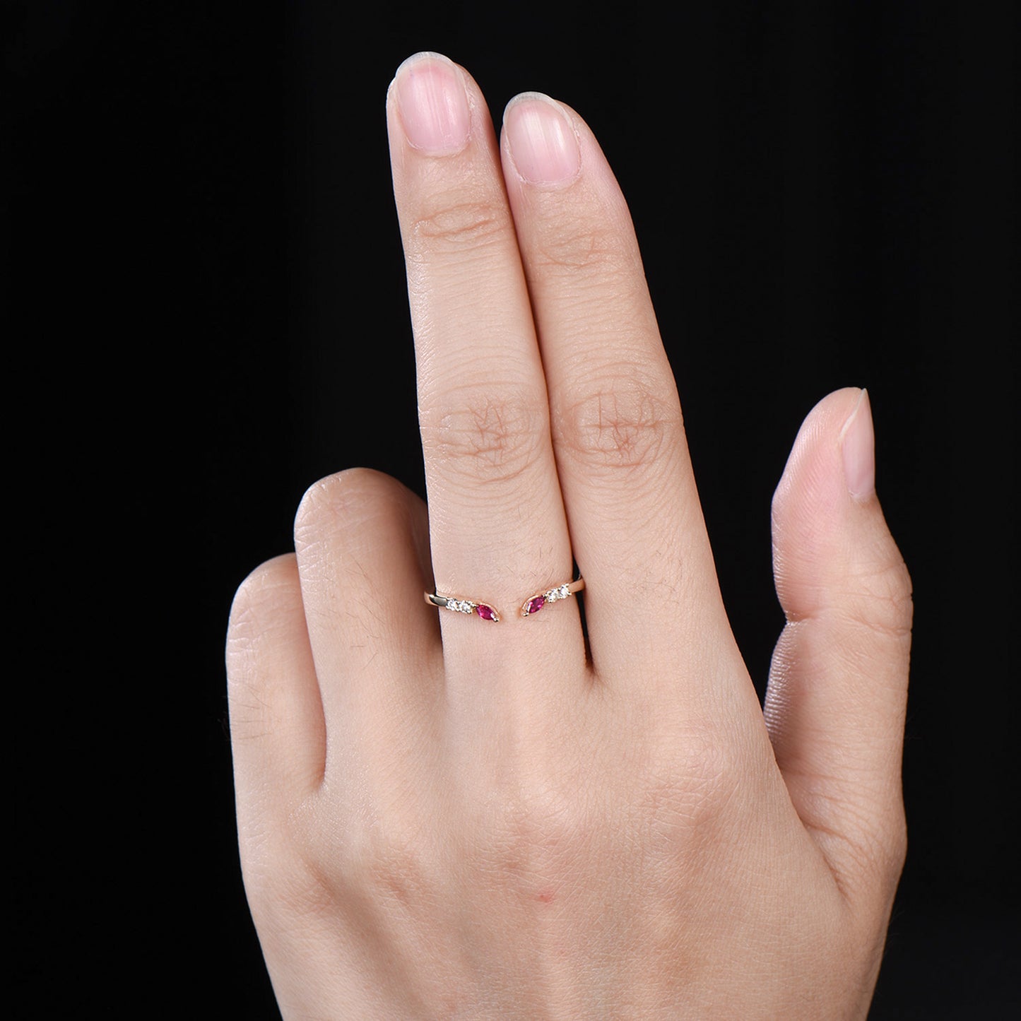 Unique Marquise Cut Ruby wedding ring vintage Moissanite wedding band Rose Gold open gap stacking band July birthstone anniversary gift her