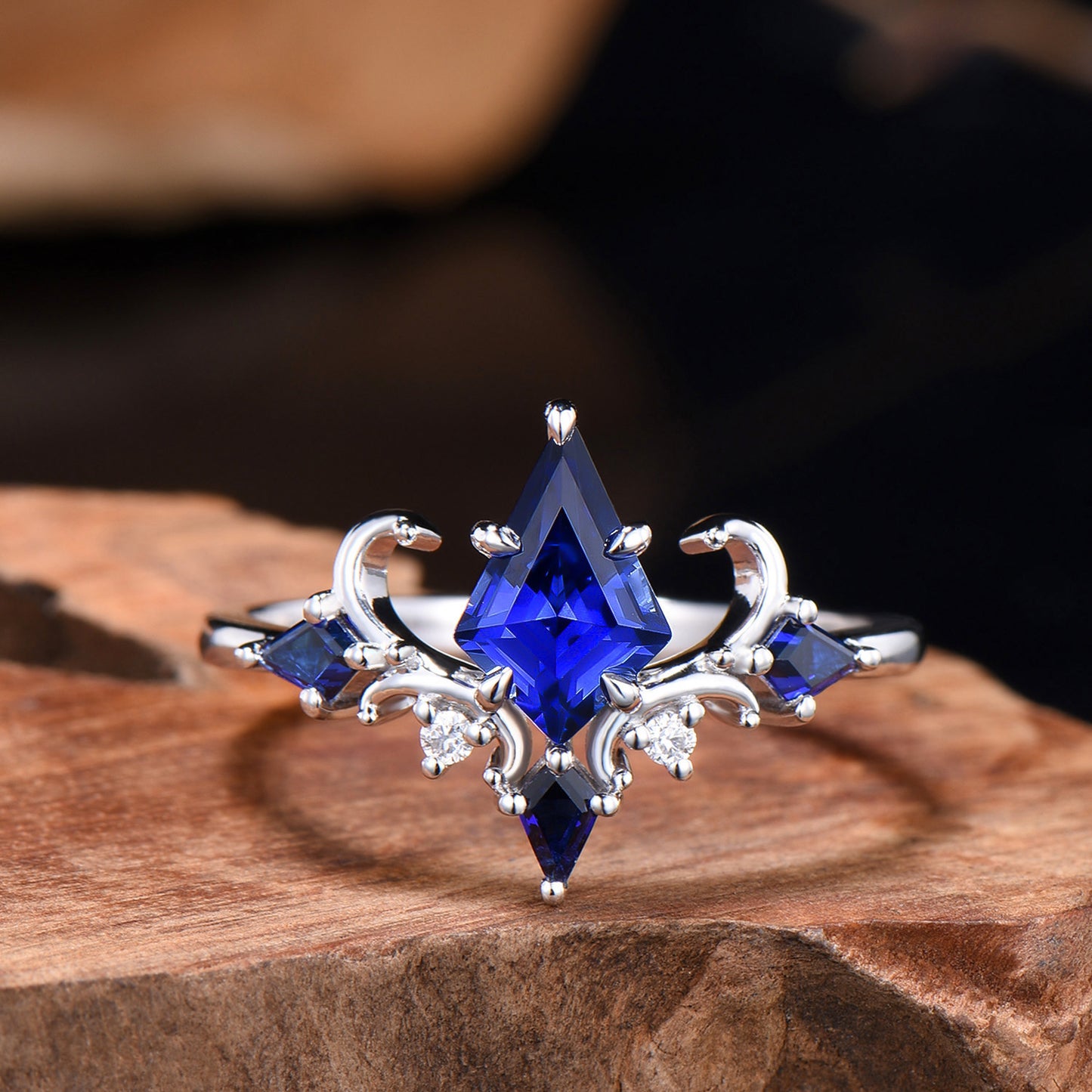 Delicate 1CT Kite Cut Blue Sapphire Engagement Ring Kite Sapphire Moissanite Twig Wedding Ring Art Deco Ring Anniversary Gifts For Women