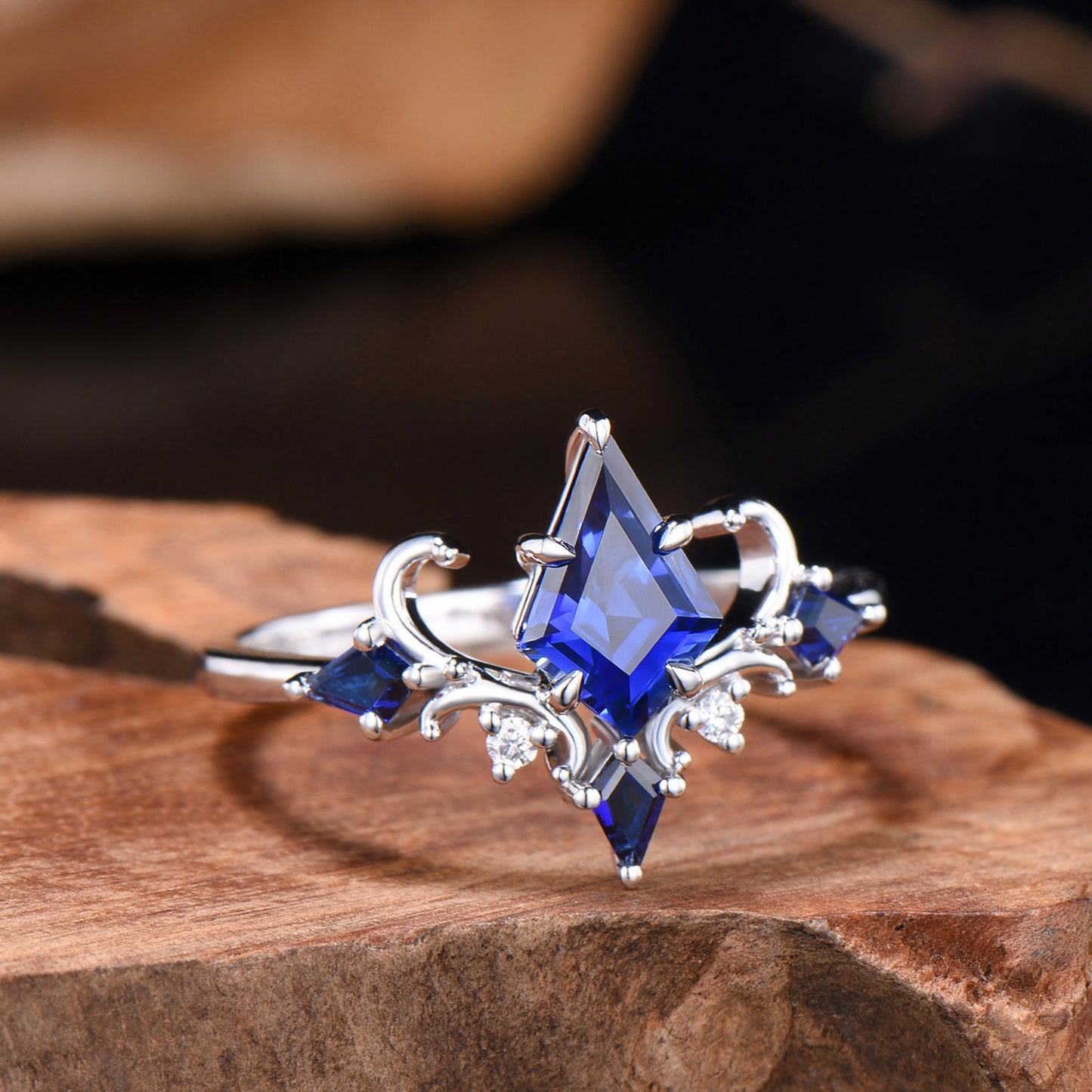 Delicate 1CT Kite Cut Blue Sapphire Engagement Ring Kite Sapphire Moissanite Twig Wedding Ring Art Deco Ring Anniversary Gifts For Women