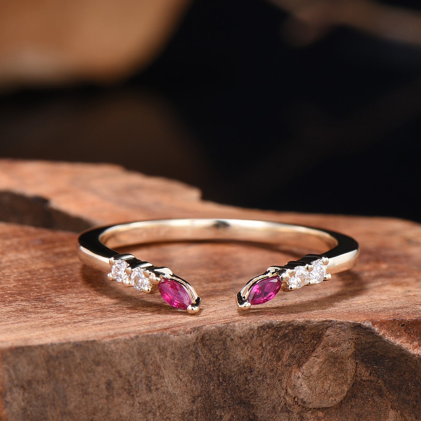 Unique Marquise Cut Ruby wedding ring vintage Moissanite wedding band Rose Gold open gap stacking band July birthstone anniversary gift her