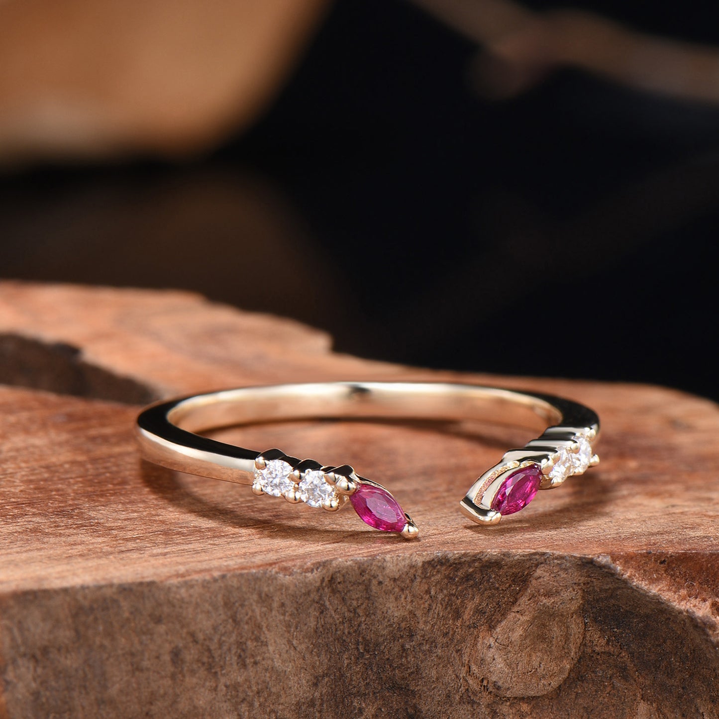 Unique Marquise Cut Ruby wedding ring vintage Moissanite wedding band Rose Gold open gap stacking band July birthstone anniversary gift her