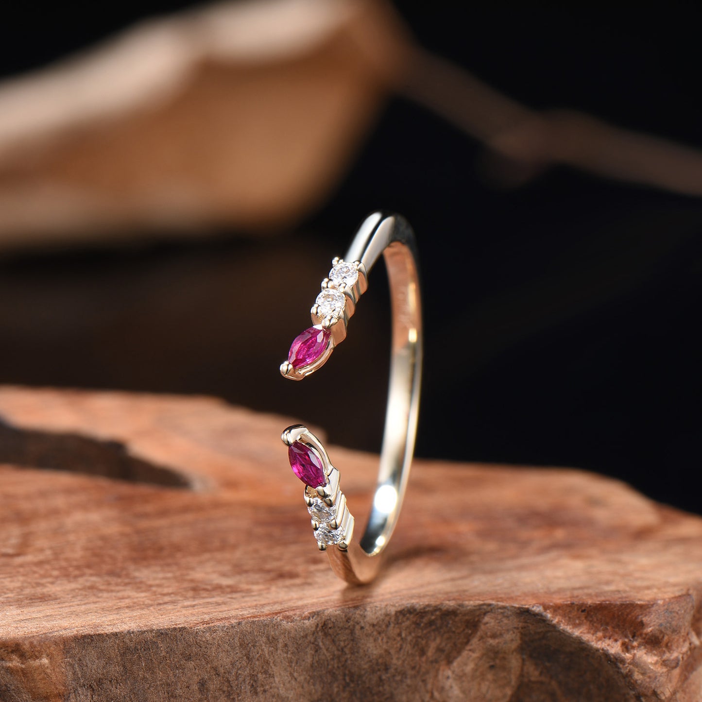 Unique Marquise Cut Ruby wedding ring vintage Moissanite wedding band Rose Gold open gap stacking band July birthstone anniversary gift her