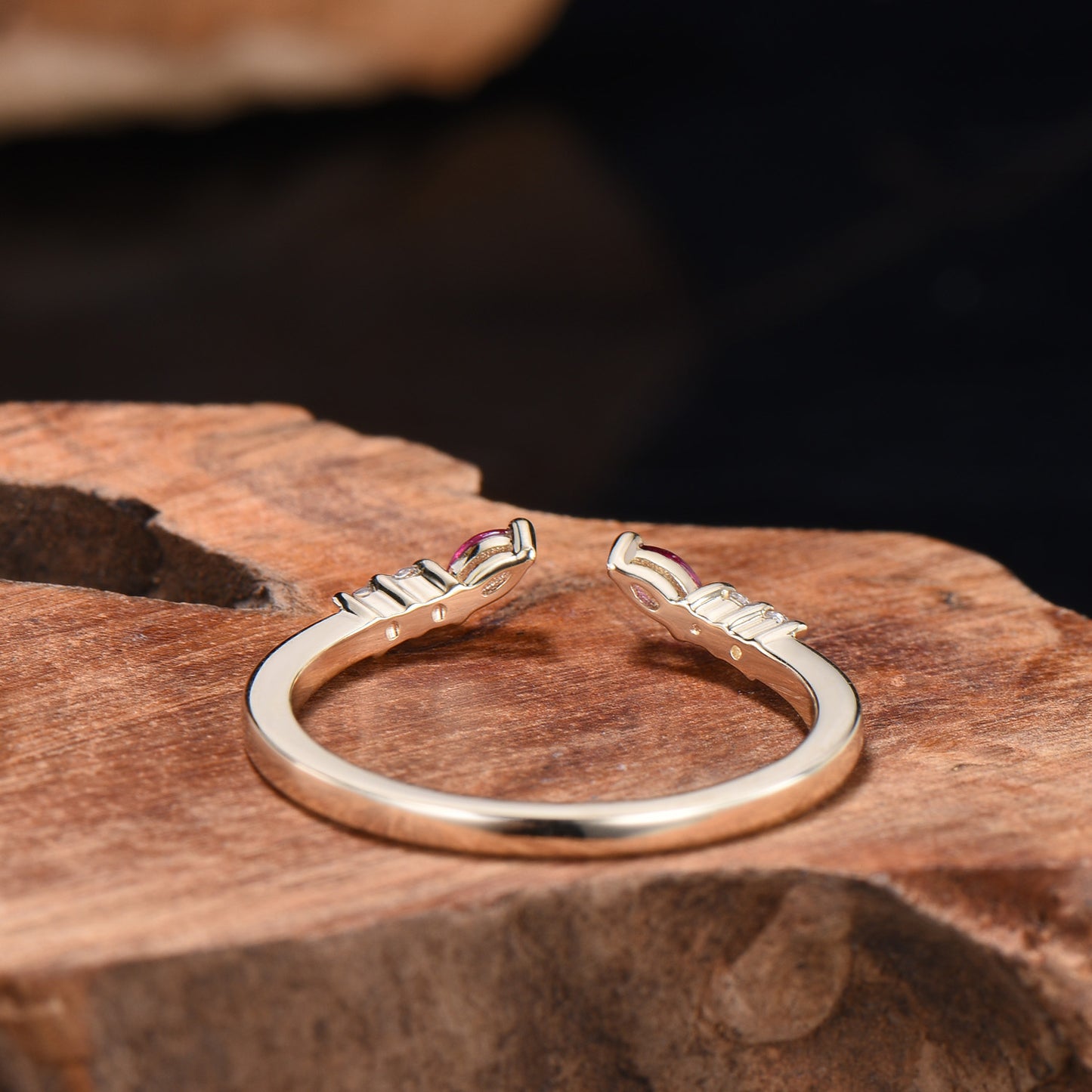 Unique Marquise Cut Ruby wedding ring vintage Moissanite wedding band Rose Gold open gap stacking band July birthstone anniversary gift her
