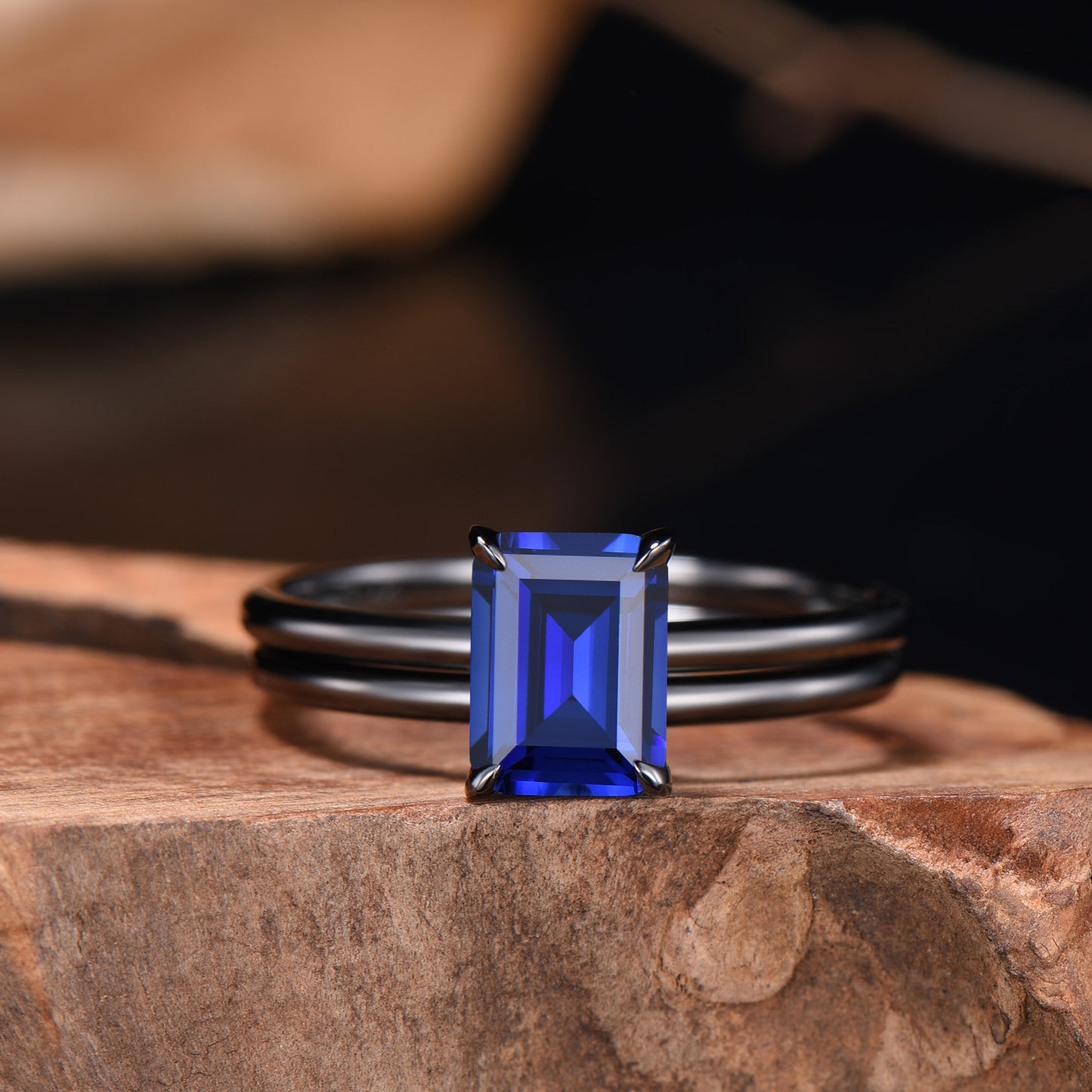 Minimalist Black Gold Emerald Cut Sapphire Engagement Ring Solitaire September Birthstone Wedding Ring Set Simple Anniversary Gifts Handmade