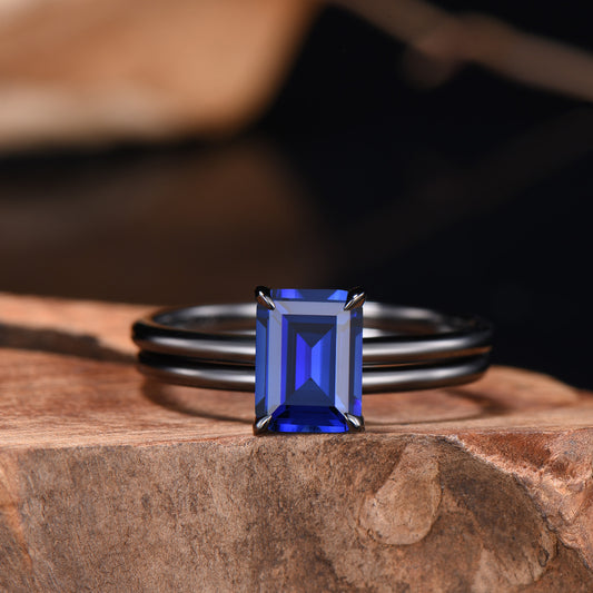 Minimalist Black Gold Emerald Cut Sapphire Engagement Ring Solitaire September Birthstone Wedding Ring Set Simple Anniversary Gifts Handmade