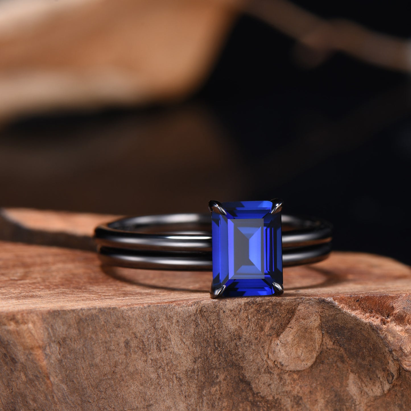 Minimalist Black Gold Emerald Cut Sapphire Engagement Ring Solitaire September Birthstone Wedding Ring Set Simple Anniversary Gifts Handmade