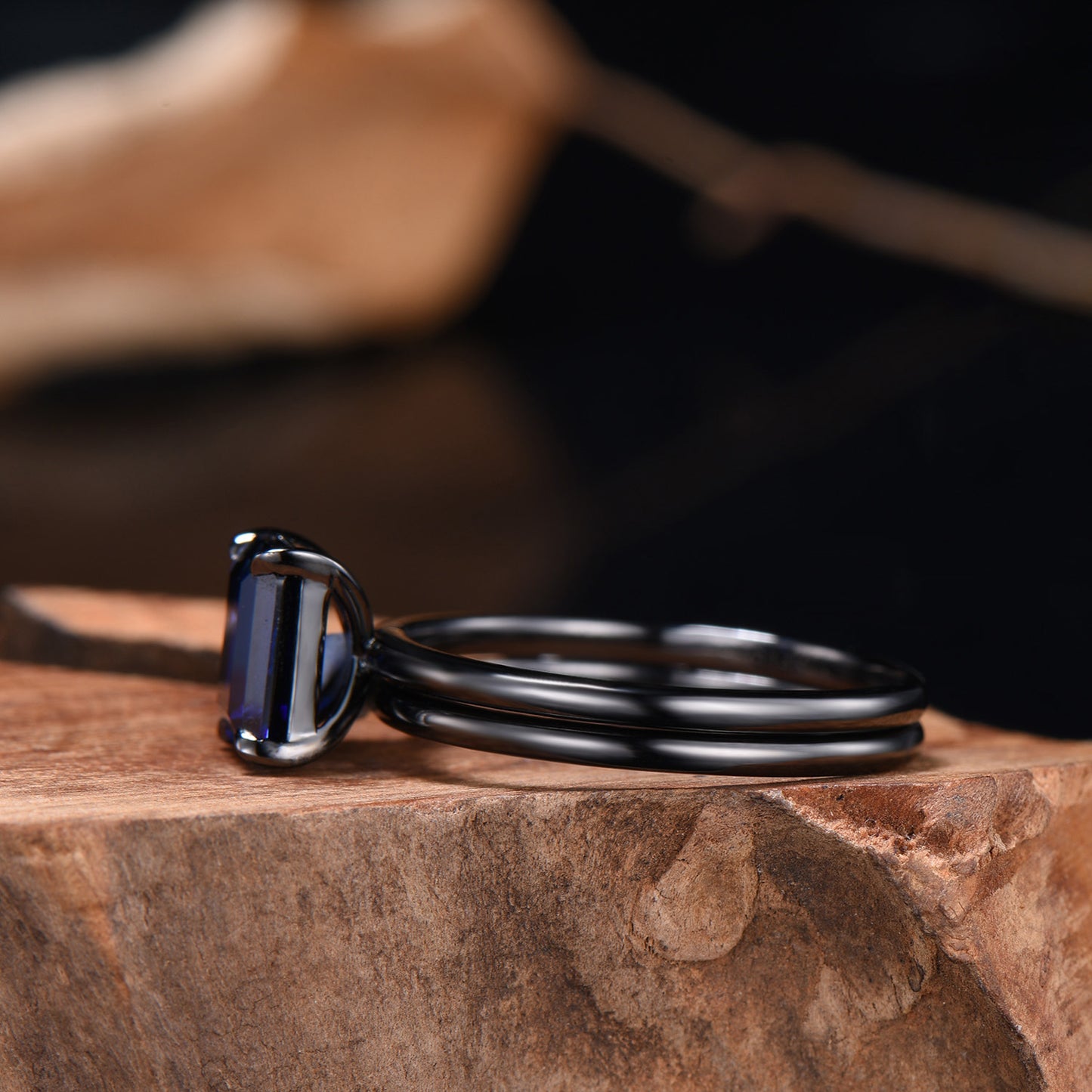 Minimalist Black Gold Emerald Cut Sapphire Engagement Ring Solitaire September Birthstone Wedding Ring Set Simple Anniversary Gifts Handmade