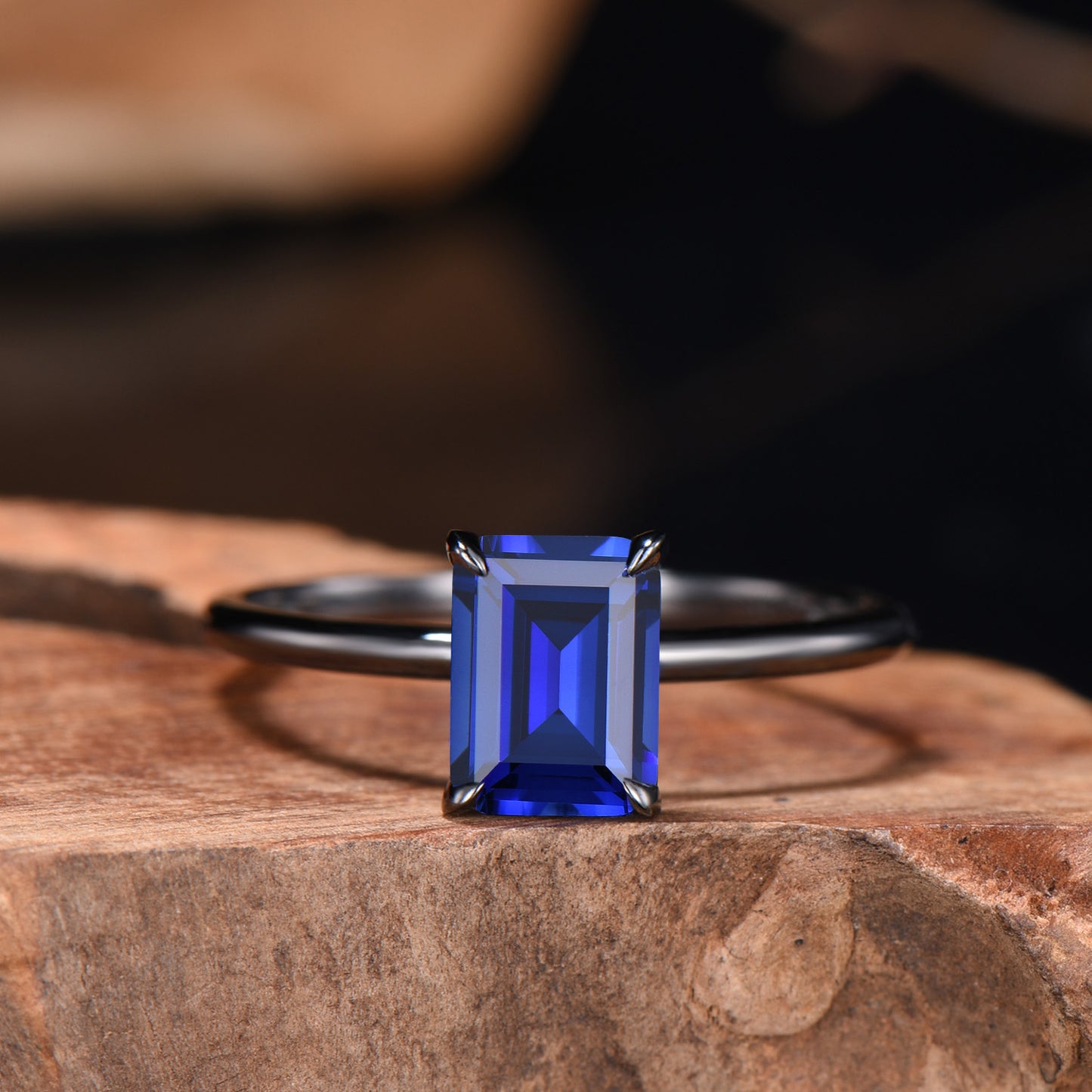 Minimalist Black Gold Emerald Cut Sapphire Engagement Ring Solitaire September Birthstone Wedding Ring Set Simple Anniversary Gifts Handmade