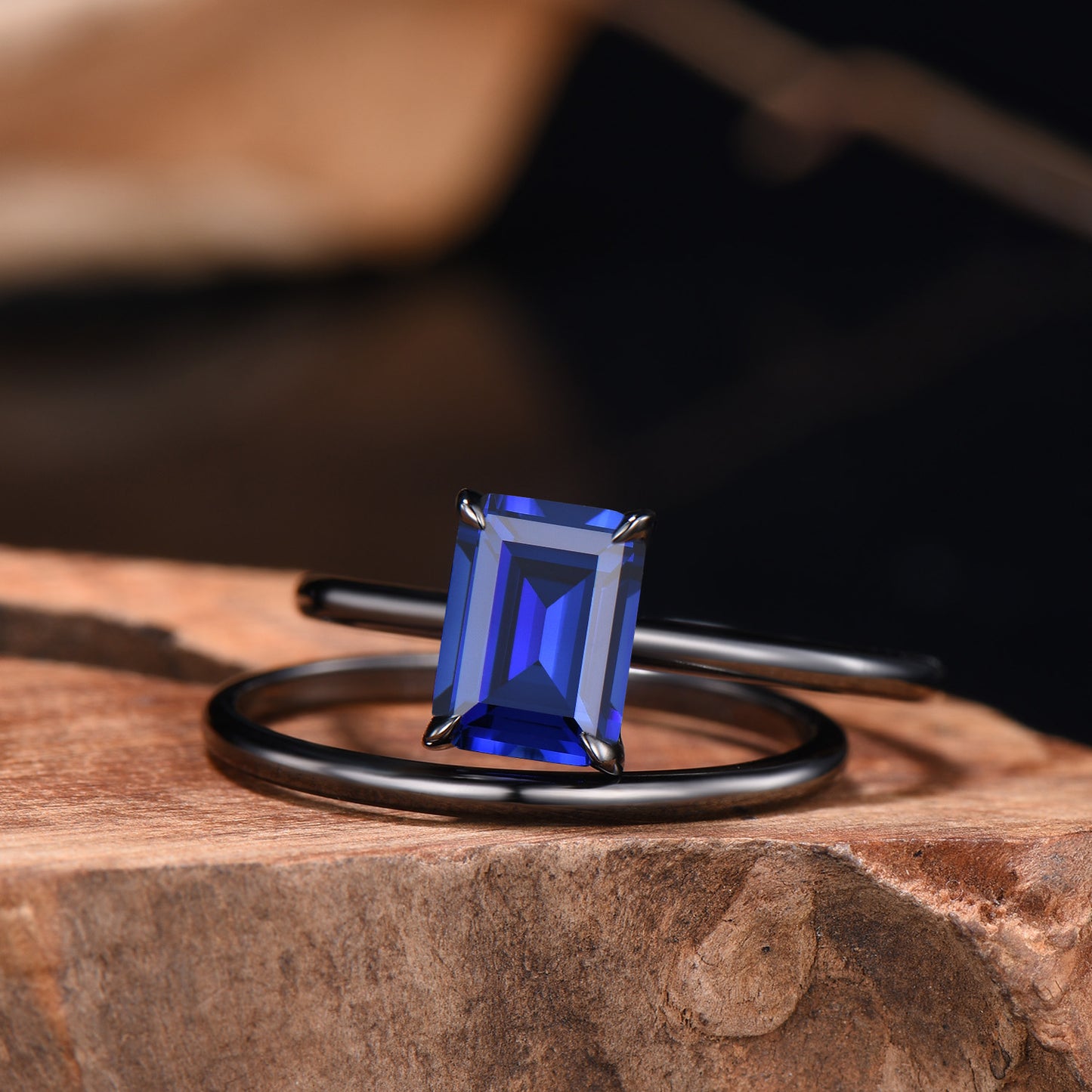 Minimalist Black Gold Emerald Cut Sapphire Engagement Ring Solitaire September Birthstone Wedding Ring Set Simple Anniversary Gifts Handmade