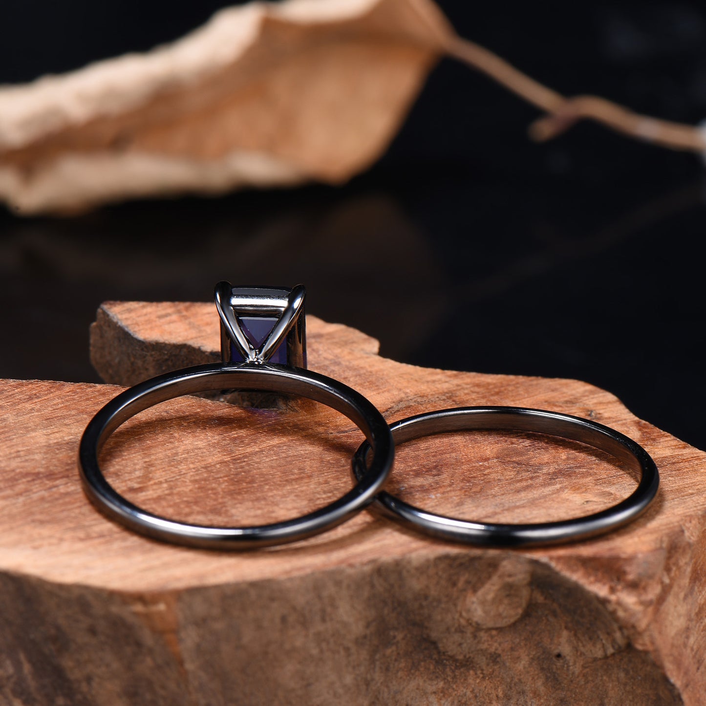 Minimalist Black Gold Emerald Cut Sapphire Engagement Ring Solitaire September Birthstone Wedding Ring Set Simple Anniversary Gifts Handmade