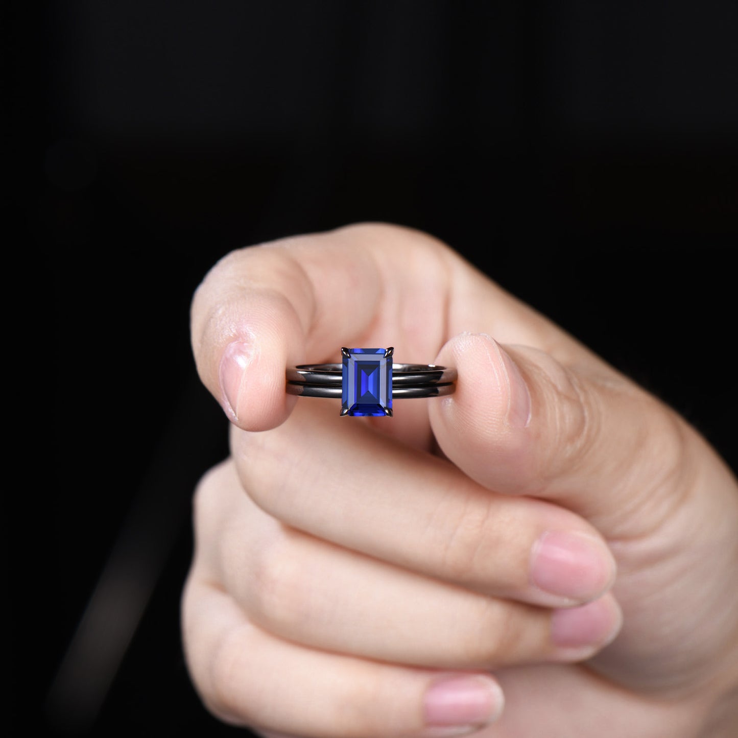 Minimalist Black Gold Emerald Cut Sapphire Engagement Ring Solitaire September Birthstone Wedding Ring Set Simple Anniversary Gifts Handmade